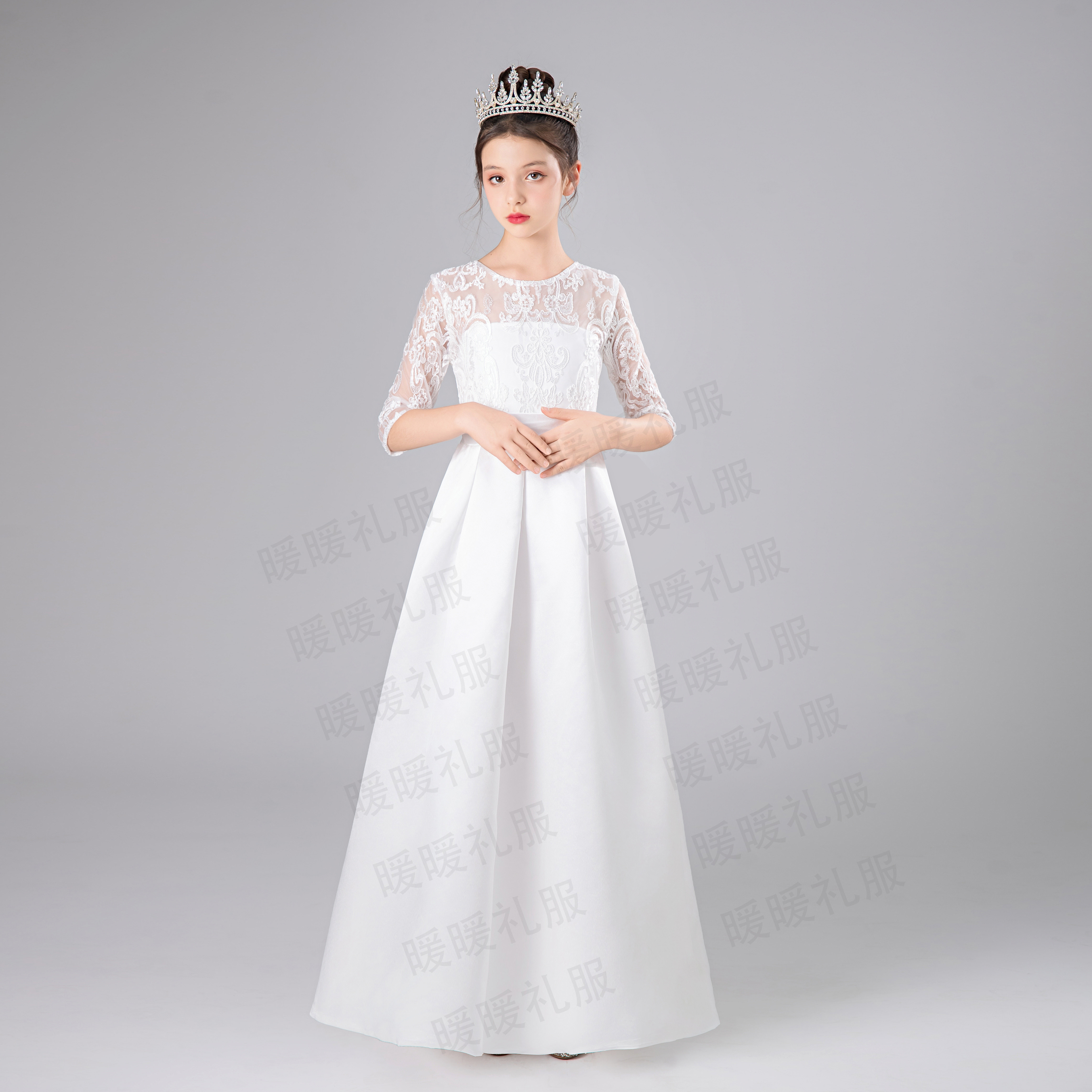 白色高端儿童礼服女童公主裙生日合唱朗诵钢琴演奏演出服缎面大童