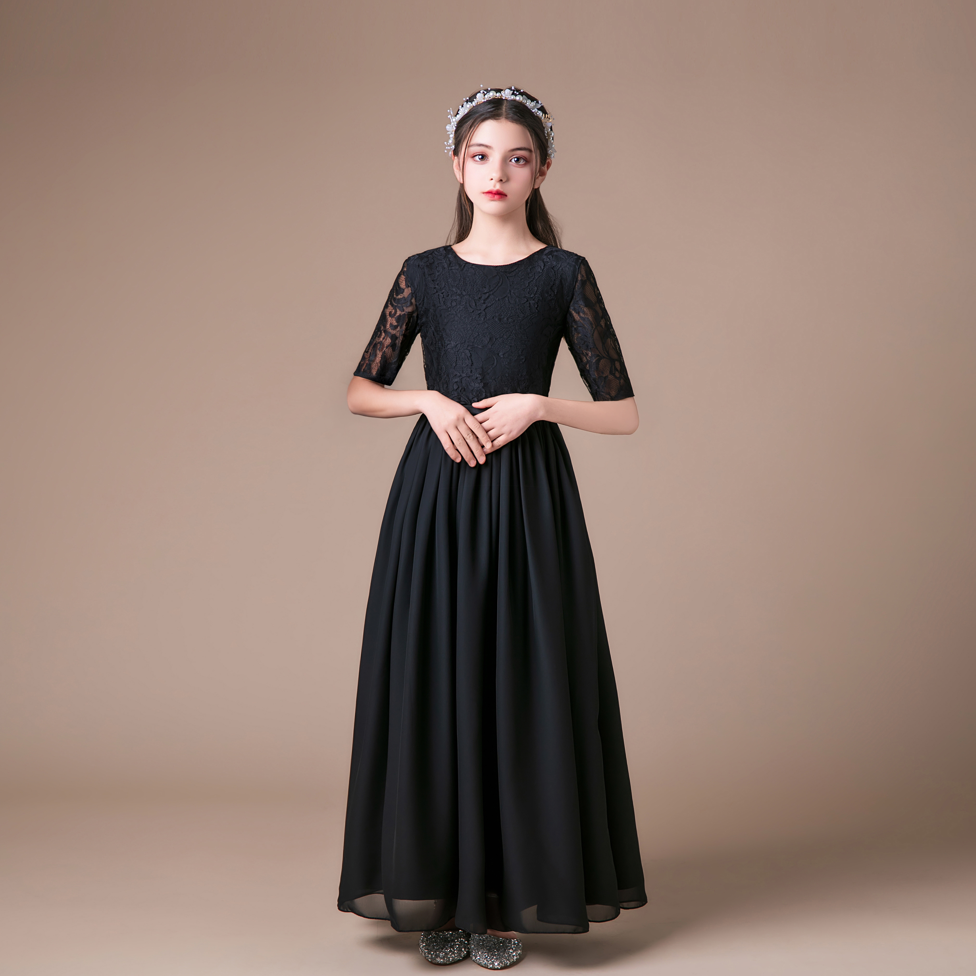 黑色女童演出服公主裙小提琴演奏管乐团表演服雪纺夏季