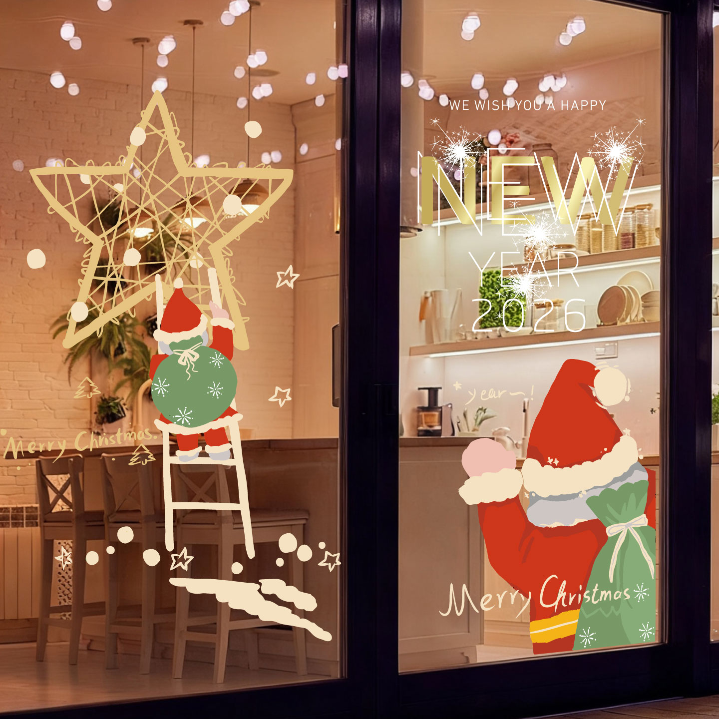 2026圣诞节橱窗玻璃贴纸可爱圣诞老人门贴新年装饰静电贴窗花窗贴