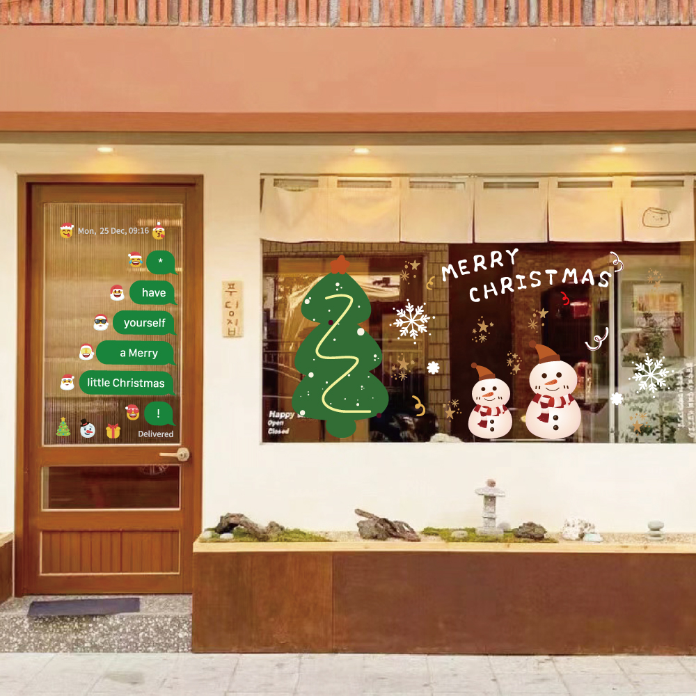 卡通可爱圣诞雪人圣诞树装饰贴新年玻璃门贴大型橱窗节日静电贴纸