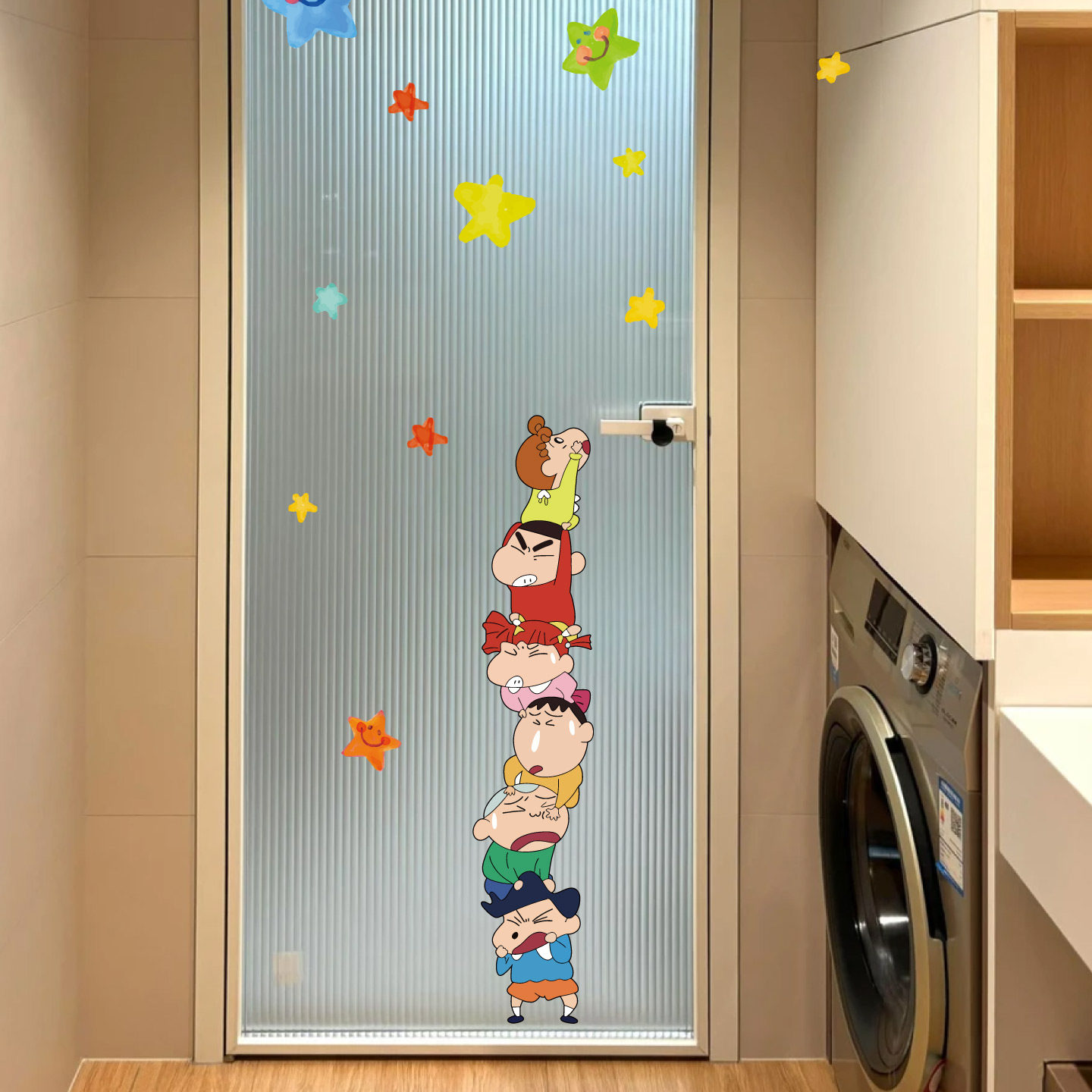 叠叠乐蜡笔小新可爱氛围卡通贴画卫生间浴室厨房玻璃门装饰静电贴