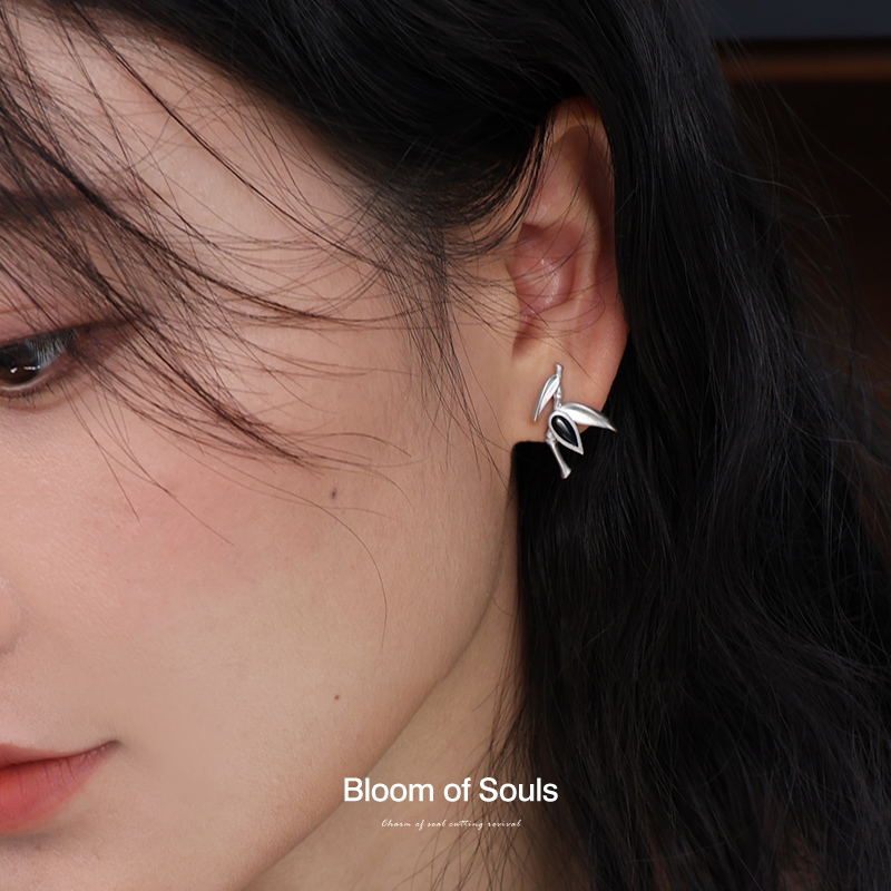 墨竹原创设计纯银天然黑玛瑙耳钉