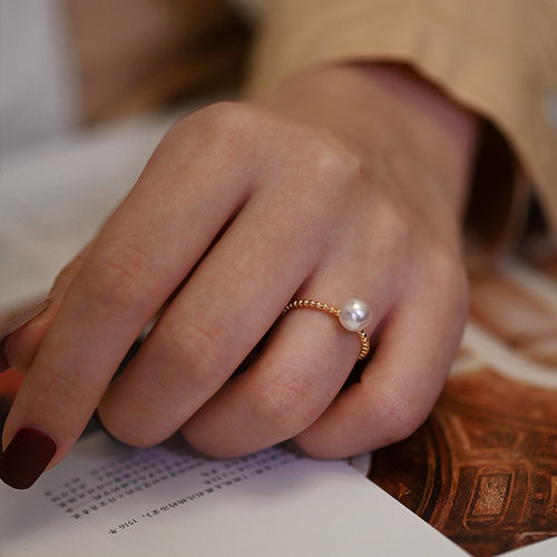 《凛光》天然淡水珍珠戒指S925纯银豆豆轻奢复古女潮食指环简约新