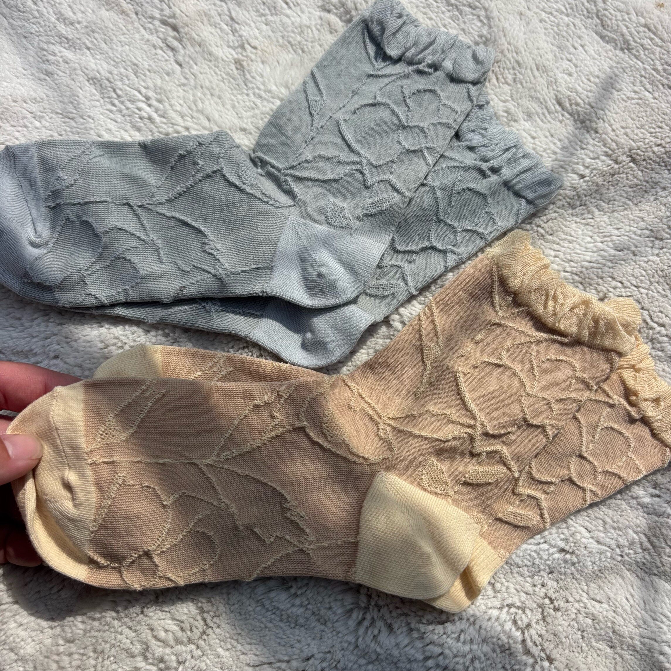 小众贵货！外贸日单女春夏季薄款立体浮雕中筒袜纯棉花边松口袜子