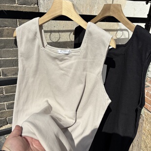 大码 女士纯色简约基础方领背心罗纹坑条宽松打底上衣 外贸日单