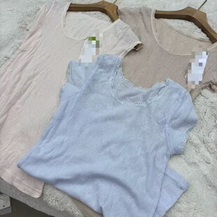 蕾丝华夫格提花透气打底短袖 薄款 T恤 外贸日单女士夏季 100%纯棉