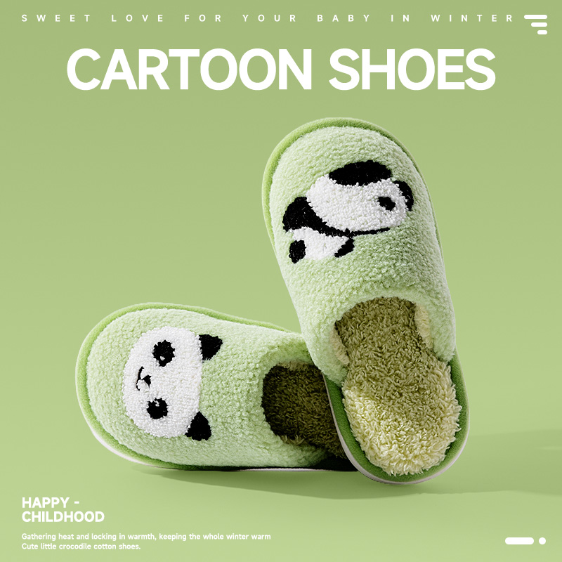 秋冬新款熊猫绣花儿童亲子棉拖鞋