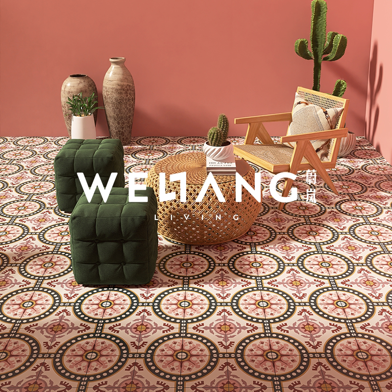 花砖法式复古黑色粉色背景墙砖厨房阳台浴室花园餐厅酒店防滑地砖