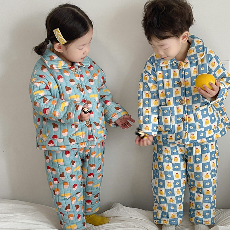 儿童纯棉冬装三层夹棉睡衣套装
