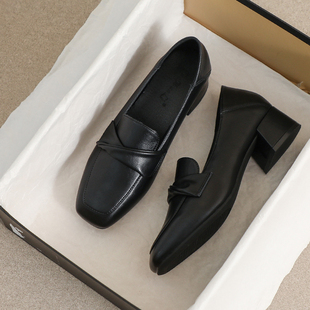 牛皮版~乐福鞋女款秋冬英伦职场小黑鞋小皮鞋女士加绒高跟小单鞋