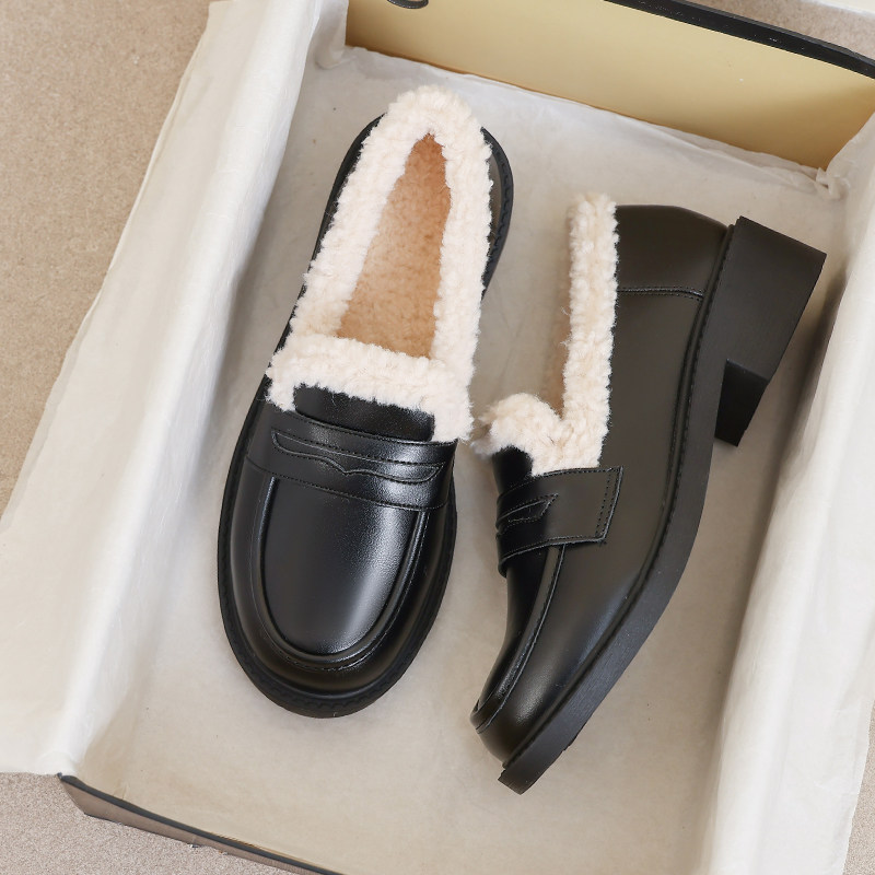 羊皮版~大码41到43加绒小皮鞋女2025新款冬季英伦毛毛棉鞋乐福鞋