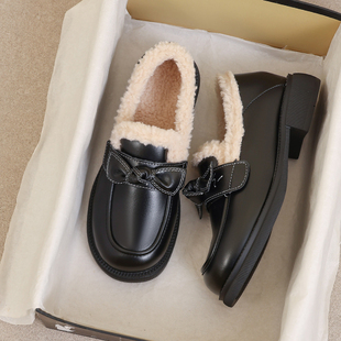 大码 加绒棉鞋 女鞋 女秋冬毛毛乐福鞋 41到43厚底英伦小皮鞋 牛皮版