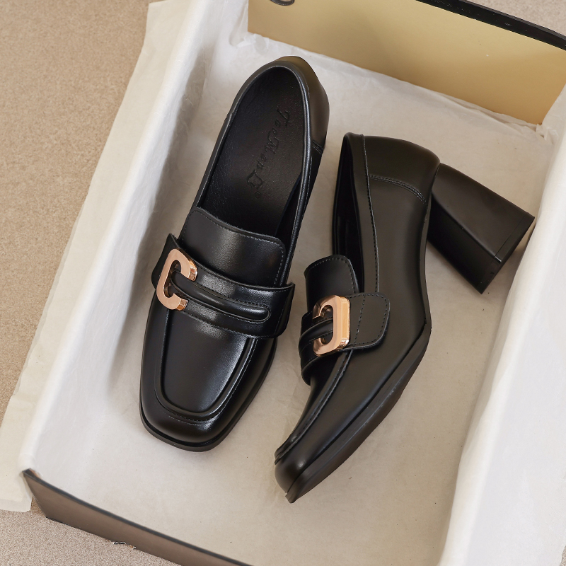 牛皮版~高级感高跟乐福鞋女鞋2025新款秋冬英伦风粗跟黑色小皮鞋