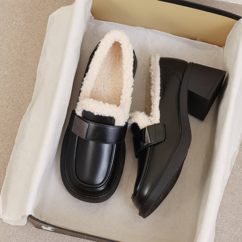 羊皮版~加绒乐福鞋女高跟2026新款秋冬毛毛鞋保暖棉鞋英伦小皮鞋
