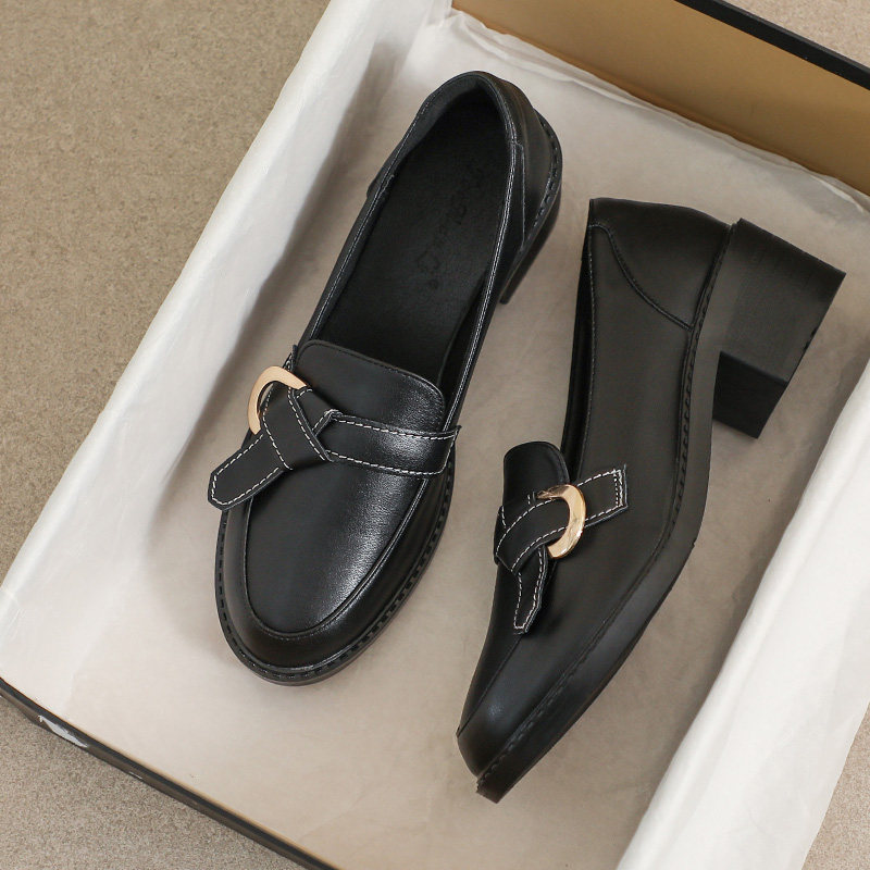 羊皮款~女士乐福鞋女2026新款冬季英伦风软底高跟加绒黑色小皮鞋