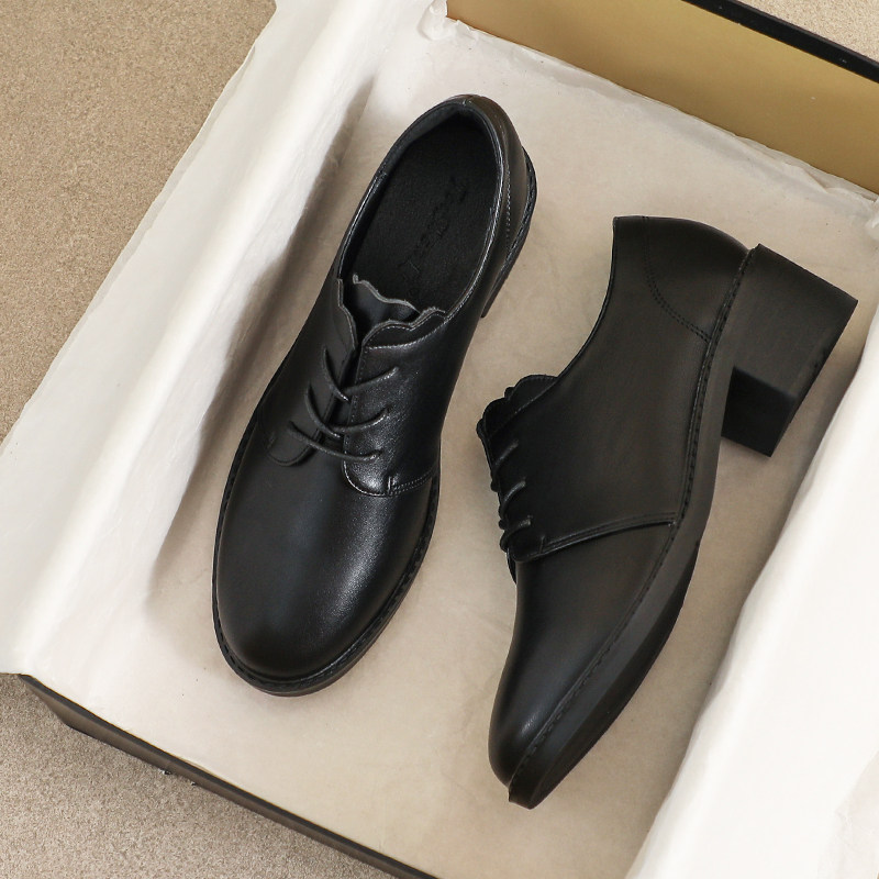 羊皮版~法式系带小皮鞋女2025新款秋冬英伦风黑色高跟加绒乐福鞋,女鞋,深口单鞋,淘宝优惠券,粉丝福利购,淘宝优惠卷