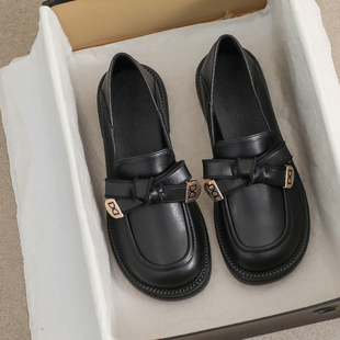 牛皮版~乐福鞋女春秋英伦风配裙子加绒厚底小皮鞋大码41到43女鞋