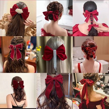 婚礼大蝴蝶结发夹韩国网红头饰红色新娘大人丝绒订婚简约品女。