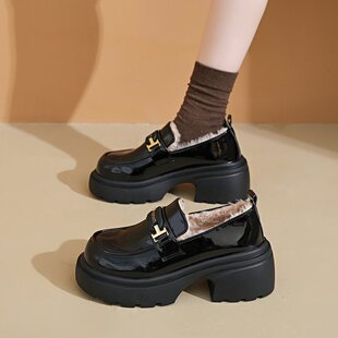 厚底乐福鞋女款2025秋新款职场小黑鞋英伦风皮鞋粗跟百搭单鞋34码