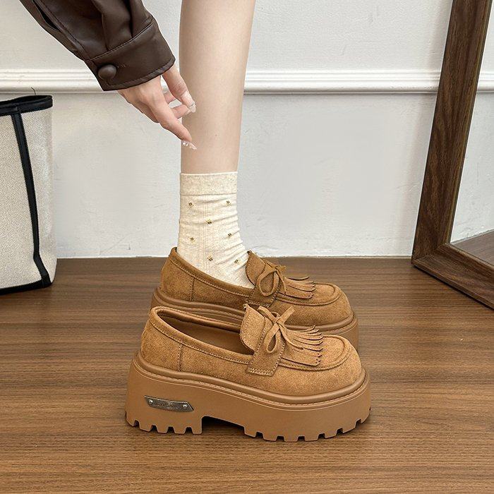 黑色流苏蝴蝶结乐福鞋女2026新款春季小个子一脚蹬厚底增高小皮鞋,女鞋,深口单鞋,淘宝优惠券,粉丝福利购,淘宝优惠卷