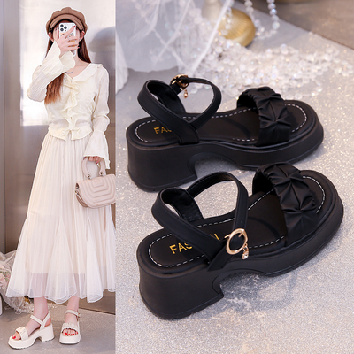 高跟仙女风罗马凉鞋女夏季新款粗跟厚底增高凉鞋一字带外穿沙滩鞋