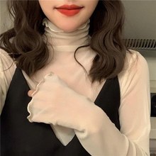 ~街头杏色韩式搭配女式纯白色洋气打底衫女薄款网纱雪纺透明韩。