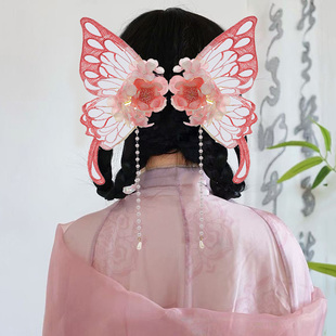 蝴蝶后压花朵绢花发夹扑棱蛾子流苏发饰古风汉服头饰仙气古装对夹