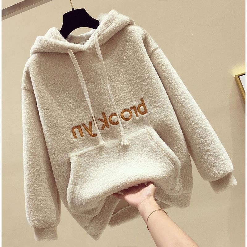 Ins super fire Plush thickened sweater female student Korean hooded embroidered imitation lamb wool coat winter loose coat