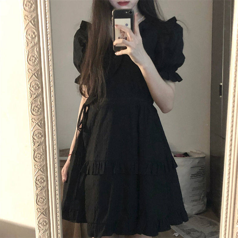 黑色仙女裙超仙小个子森系初恋裙子学院风娃娃领显高显瘦淑女收腰