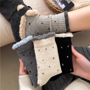 波点加绒袜子女中筒袜秋冬季 冬天堆堆袜 保暖加厚长袜配勃肯鞋