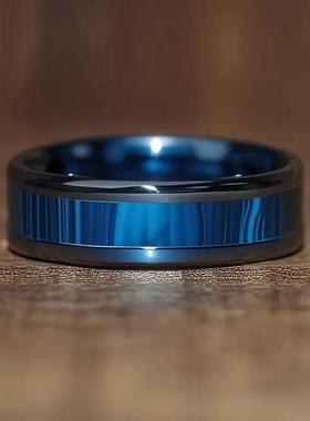 跨境爆款热卖不锈钢冷淡蓝澳宝个性时尚戒指钢色蓝孔雀石斜边