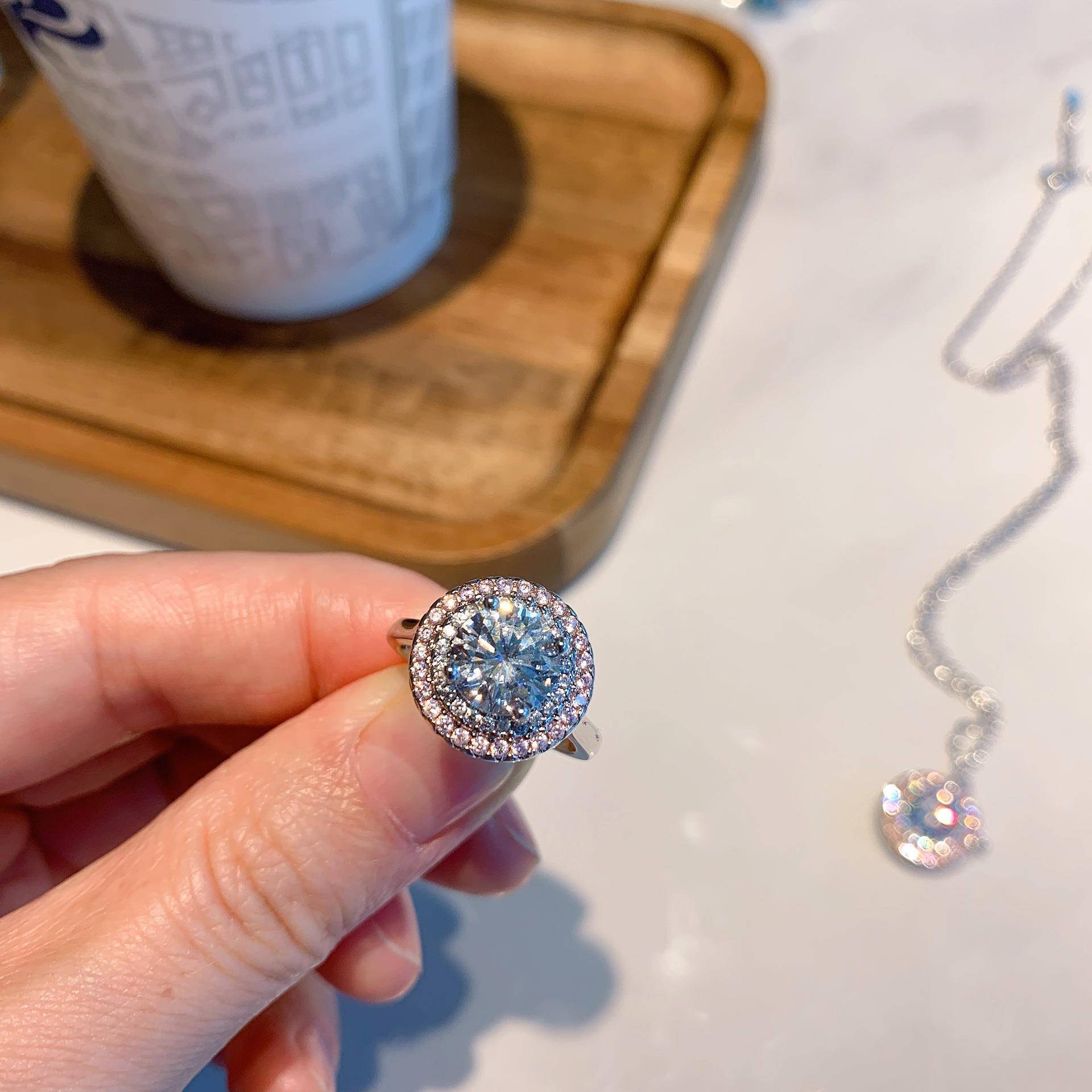 wish跨境圆形仿真白钻戒指网红简约时尚项链锆石戒指女套装