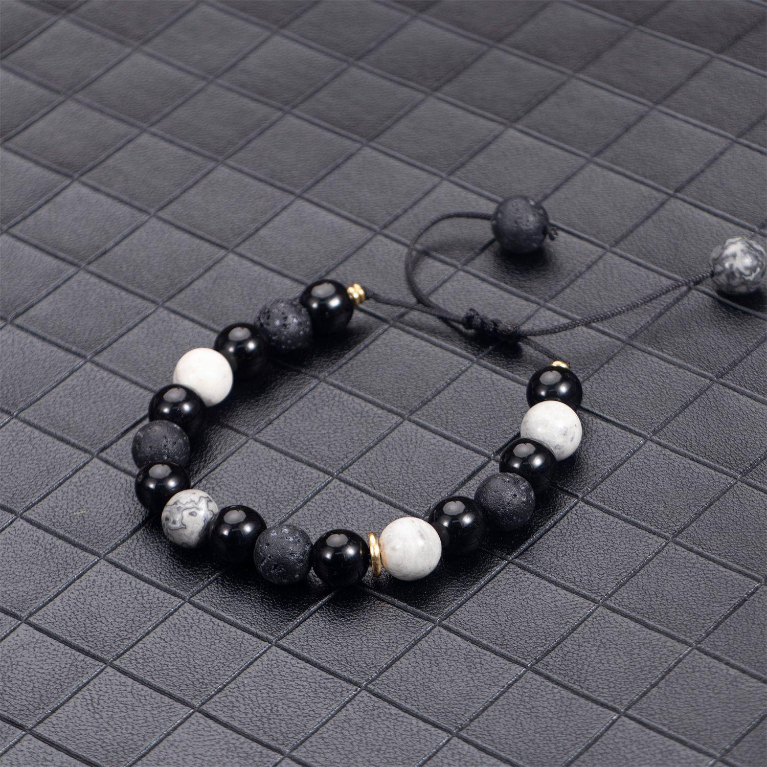 新款跨境火山石熔岩方块编织手链男士哑光黑玻璃珠子可调节手串