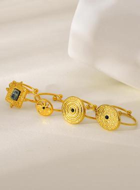 跨境新品复古天然石不锈钢戒指个性百搭镀金敲打纹开口钛钢戒指女