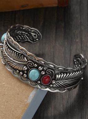 跨境欧美新品纳瓦霍风格椭圆形松石开口手镯复古双色树叶手镯