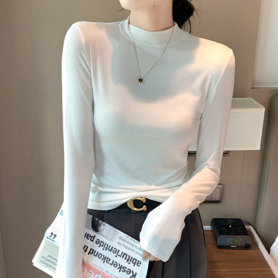 新款女装长袖T恤莫代尔打底衫纯色秋衣半高领圆领小立领上衣定制