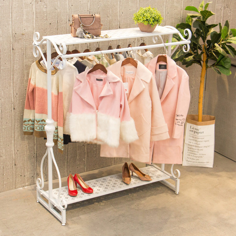 服装店中间展示架简约现代落地式多功能挂衣架白色双排双杆中岛架