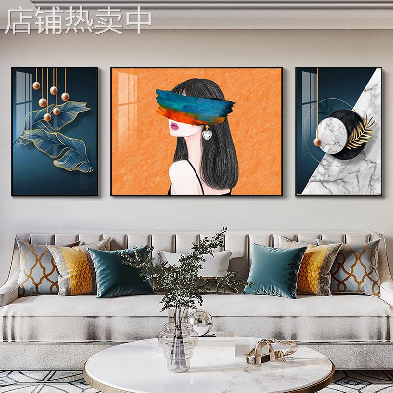 北欧轻奢客厅装饰画 晶瓷三联画抽象个性人物美女沙发背景墙挂画