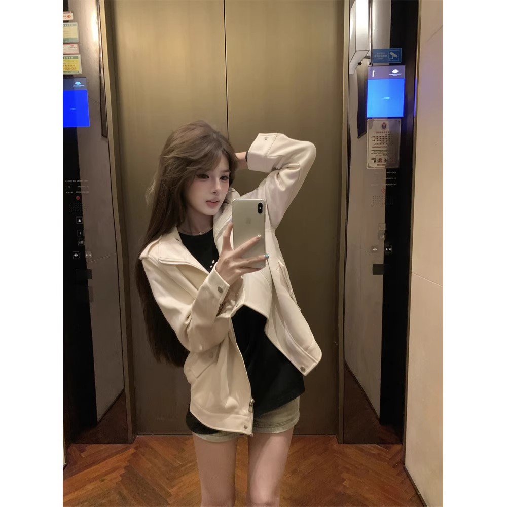 鹿皮绒米色立领长袖外套女秋季宽松夹克机车服设计感气质开衫上衣