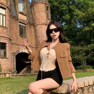 外套女修身 小個(gè)子高級(jí)感夾克上衣 麂皮絨工裝 實(shí)拍實(shí)價(jià)淺咖色短款