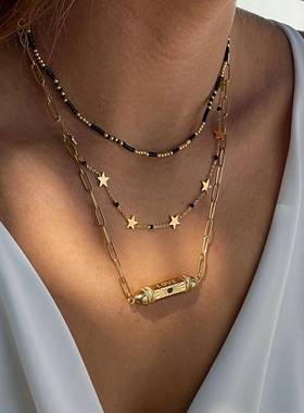 跨境新款星星眼睛吊坠小众设计镀金项链欧美情人节彩色塔罗牌项链