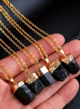 天然原石黑碧玺吊坠电镀银色不规则形状吊坠diy欧美跨境饰品