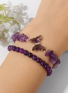 6mm天然石双层手链天然紫水晶不规则碎石手串女士串珠弹力绳手链