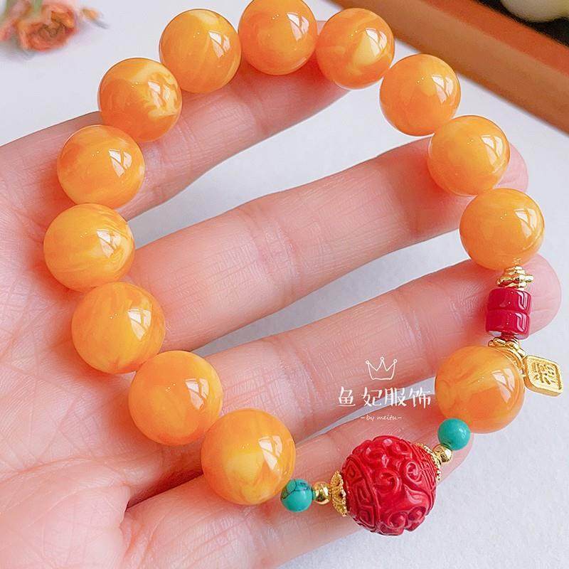 新款仿蜜蜡手链女复古中国风民族朱砂转运珠手串简约新中式手饰品