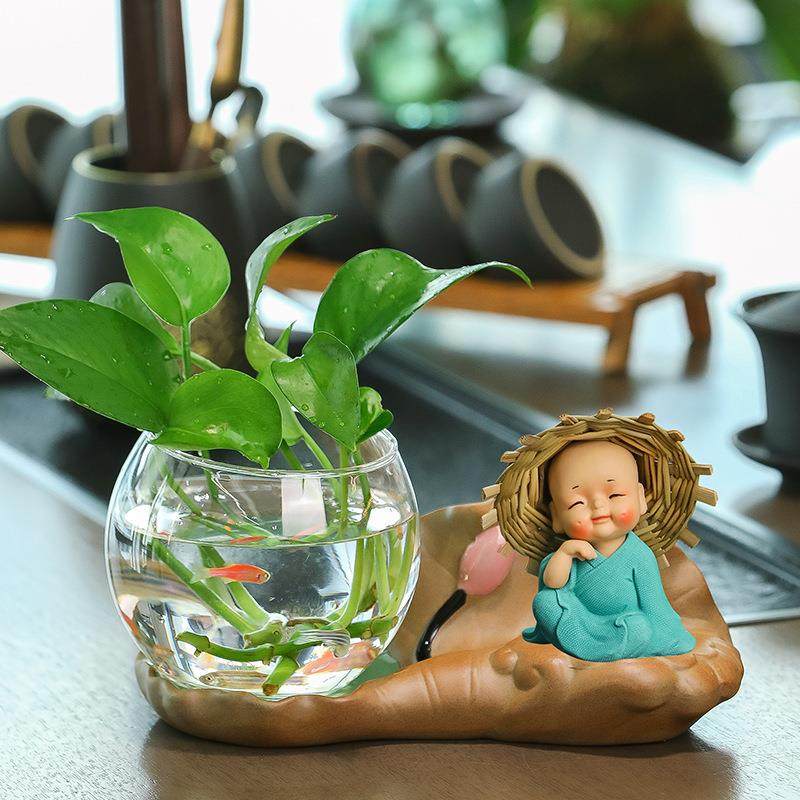 新款草帽和尚绿萝水养植物花瓶办公室桌面摆件客厅插花器玻璃鱼缸