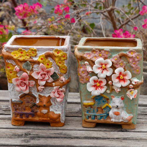 若兰坊手工粗陶浮雕花鸟多肉花盆