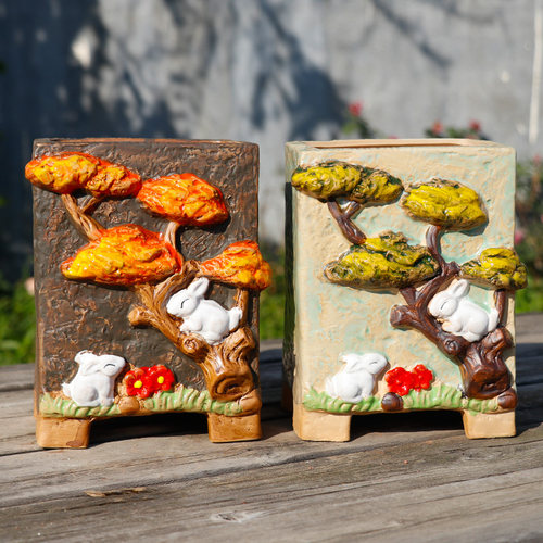 老桩浮雕卡通手工捏花花盆