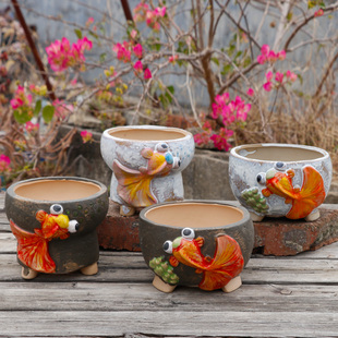 金鱼造型创意花盆摆件粗陶多肉花盆大小口径群生盆