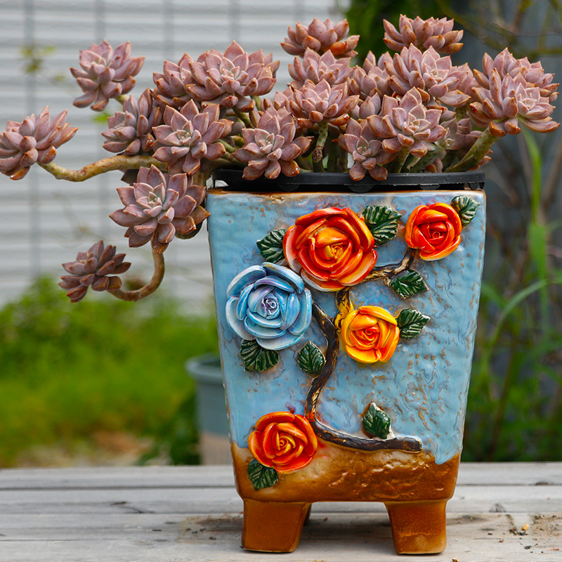大老桩手绘手捏花盆 陶瓷多肉花盆 老桩盆拼盘群生盆精美