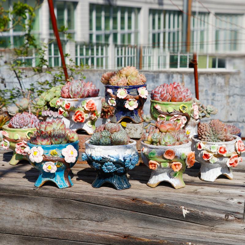手工手捏花盆多肉拼盘